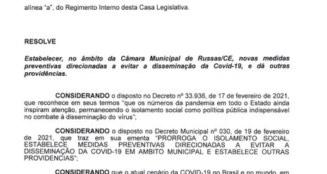 Câmara de Russas segue decreto estadual, e divulga nova portaria