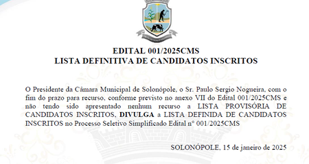 Edital 001/2025CMS - DIVULGA a LISTA DEFINIDA DE CANDIDATOS INSCRITOS no Processo Seletivo Simplificado Edital n° 001/2025CMS