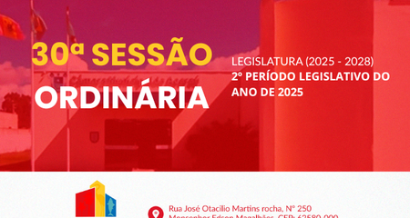 Nesta sexta-feira (19), acontece a 30ª Sessão Ordinária, do segundo período legislativo de 2025.

Acompanhe a sessão ao vivo pela nossa página do Facebook.