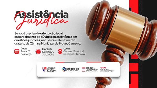 ASSISTÊNCIA JURÍDICA GRATUITA: CIDADANIA AO SEU ALCANCE! ⚖️🏛️ A Câmara Municipal de Piquet Carneiro reafirma seu compromisso com o cidadão, oferecendo suporte e orientação legal para quem mais precisa. Se você possui dúvidas jurídicas, necessita de esclarecimentos sobre processos ou busca orientação legal, aproveite o nosso atendimento gratuito. 📌 Agende-se e compareça: 📅 Data: 31 de março (Terça-feira) ⏰ Horário: Das 08h às 12h 📍 Local: Câmara Municipal de Piquet Carneiro O Poder Legislativo trabalhando para aproximar a justiça de toda a nossa comunidade. #PiquetCarneiro #AssistênciaJurídica #Cidadania #LegislativoMunicipal #DireitoParaTodos #ServiçoPúblico