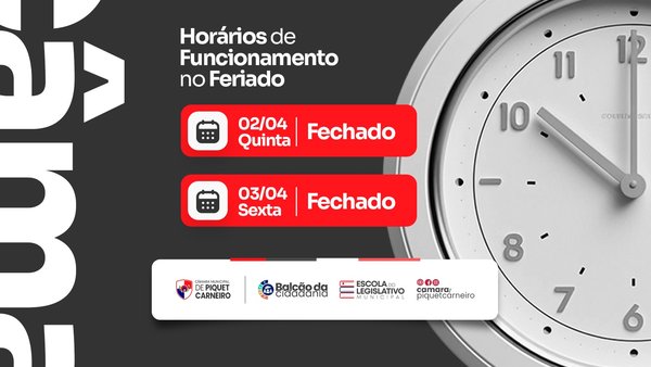 A Câmara Municipal de Piquet Carneiro informa a toda a população piquet-carneirense que, em virtude do feriado de Semana Santa, o expediente administrativo e o atendimento ao público estarão suspensos nas seguintes datas: 🗓️ 02 de Abril (Quinta-feira): Fechado 🗓️ 03 de Abril (Sexta-feira): Fechado As atividades parlamentares e o atendimento na Casa Legislativa serão retomados normalmente na próxima segunda-feira, 06 de abril. Desejamos a todos os nossos cidadãos e colaboradores um feriado de paz, reflexão e união. #PiquetCarneiro #CâmaraMunicipal #PoderLegislativo #Comunicado #SemanaSanta #AvisoOficial