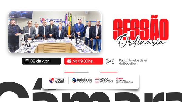 🏛️ SESSÃO ORDINÁRIA | CÂMARA DE PIQUET CARNEIRO Convidamos toda a população para acompanhar a Sessão Ordinária que será realizada nesta quarta-feira, 08 de abril. Sua participação é fundamental para o exercício da cidadania e para acompanhar de perto as decisões que impactam nosso município. Horário: A partir das 09:30h Pauta: Projetos de Lei do Executivo Municipal. 📱 Assista AO VIVO: Não pode comparecer? Acompanhe a transmissão em tempo real através de nossas redes sociais oficiais. Fique por dentro das votações e dos debates do legislativo municipal! #CâmaraMunicipal #SessãoOrdinária #PiquetCarneiro …
