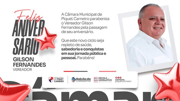 Hoje o dia é de celebração! A Câmara Municipal de Piquet Carneiro parabeniza o Vereador Gilson Fernandes pela passagem de seu aniversário. ✨ Desejamos que este novo ciclo seja repleto de saúde, sabedoria e muitas conquistas, tanto em sua jornada pública quanto em sua vida pessoal. Que o compromisso com o bem-estar da nossa gente continue guiando seus passos! #PiquetCarneiro #CâmaraMunicipal #Aniversário
