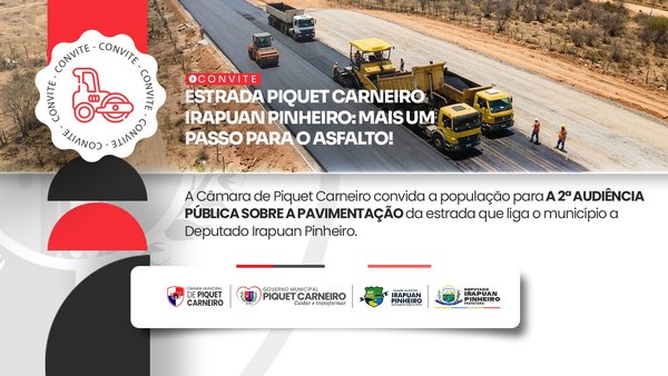 📢 RUMO AO ASFALTO: A Câmara Municipal de Piquet Carneiro convida você para um momento histórico: a 2ª Audiência Pública sobre a pavimentação da estrada que nos liga a Deputado Irapuan Pinheiro. 🛣️ Sua presença é fundamental para fortalecermos essa luta pelo desenvolvimento e pela integração da nossa região. Vamos juntos garantir esse avanço! 🤝 🗓️ ANOTE NA AGENDA: Data: 10 de Abril (Sexta-feira) Horário: A partir das 08:00h Local: Auditório Municipal Ver. Sabino Chagas Sales #AudiênciaPública #CompromissoComOPovo #PiquetCarneiro #CâmaraPiquetCarneiro #PoderLegislativo #IrapuanPinheiro #CâmradeIrapuanPinheiro
