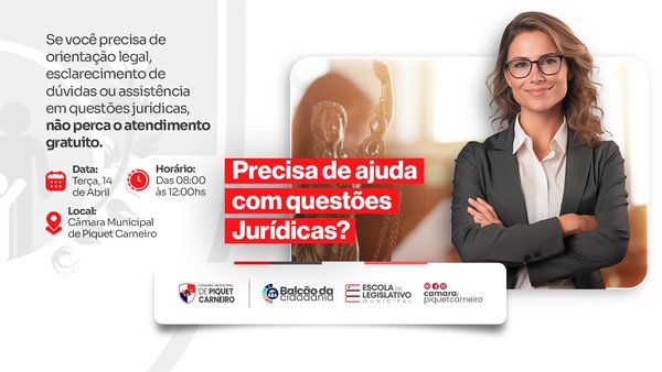 📢 Precisa de ajuda com questões jurídicas? A Câmara Municipal de Piquet Carneiro informa que amanhã, 14 de abril (terça-feira), haverá atendimento jurídico gratuito, oferecendo orientação legal, esclarecimento de dúvidas e assistência em questões jurídicas para a população. 🕗 Horário: 08h às 12h 📍 Local: Câmara Municipal de Piquet Carneiro Não perca essa oportunidade de receber atendimento especializado e gratuito. #CâmaraMunicipal #PiquetCarneiro #AtendimentoJurídico #Cidadania #AcessoÀJustiça #ServiçoGratuito #CompromissoComOPovo