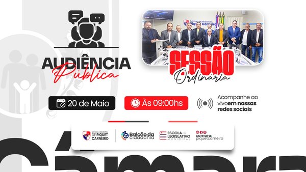 A Câmara Municipal de Piquet Carneiro convida a população para participar da Audiência Pública, que será realizada no dia 20 de maio de 2026, quarta-feira, às 09h, para tratar do PLOE nº 10/2026, Projeto de Lei Ordinária do Poder Executivo que dispõe sobre as diretrizes para elaboração e execução da Lei Orçamentária Anual para o exercício financeiro de 2027. Logo após, às 10h, será realizada a Sessão Ordinária, com importantes pautas de interesse da população, entre elas: ✅ Discussão da Lei de Diretrizes Orçamentárias — LDO nº 10/2026; ✅ Projeto …