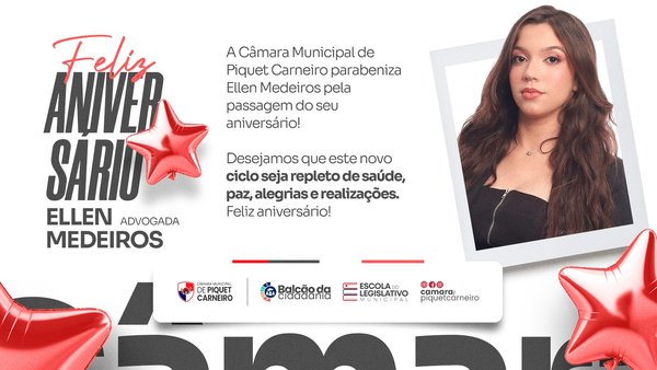 A Câmara Municipal de Piquet Carneiro parabeniza Ellen Medeiros pela passagem do seu aniversário. Neste dia especial, desejamos que sua caminhada seja sempre abençoada, com muita saúde, paz, felicidade e grandes realizações. Que este novo ciclo traga momentos felizes e muitas conquistas. Feliz aniversário, Ellen Medeiros! São os votos da Câmara Municipal de Piquet Carneiro. #CâmaraMunicipalDePiquetCarneiro #PiquetCarneiro #FelizAniversário #Homenagem #Parabéns #CompromissoComOPovo