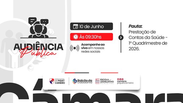 Audiência Pública A Câmara Municipal de Piquet Carneiro convida a população para participar da Audiência Pública de Prestação de Contas da Saúde, referente ao 1º Quadrimestre de 2026. 🗓️ Quarta-feira, 10 de junho 🕘 09h30 📍 Câmara Municipal de Piquet Carneiro Acompanhe este importante momento presencialmente na Câmara Municipal ou por meio das redes sociais oficiais e fique por dentro das ações e resultados da saúde em nosso município. Sua participação fortalece a transparência e a cidadania! #CâmaraMunicipal #PiquetCarneiro #AudiênciaPública #PrestaçãoDeContas #Saúde #SaúdePública