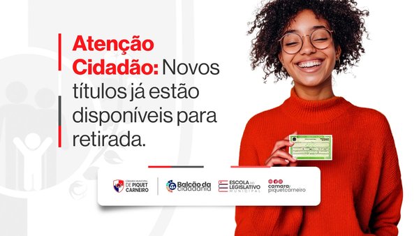 📢 Atenção, cidadão! Os novos títulos de eleitor já estão disponíveis para retirada no Balcão da Cidadania da Câmara Municipal de Piquet Carneiro. ✅ Verifique se o seu documento chegou e faça a retirada dentro do horário de atendimento. 🕗 Funcionamento: De segunda a sexta-feira, das 08h às 12h. 📍 Local: Câmara Municipal de Piquet Carneiro Balcão da Cidadania A Câmara Municipal segue trabalhando para facilitar o acesso da população aos serviços essenciais e fortalecer o exercício da cidadania. #CâmaraMunicipalDePiquetCarneiro #PiquetCarneiro #BalcãoDaCidadania #TítuloDeEleitor #Cidadania