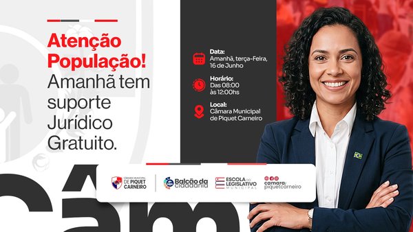 A Câmara Municipal de Piquet Carneiro convida a população para mais um dia de Atendimento Jurídico Gratuito, oferecendo suporte, esclarecimento de dúvidas e orientações sobre questões legais. Esta é uma oportunidade para buscar informações e receber atendimento de forma acessível e gratuita. 📅 Data: Terça-feira, 16 de junho 🕗 Horário: Das 08h às 12h 📍 Local: Câmara Municipal de Piquet Carneiro Não perca essa oportunidade de garantir orientação jurídica e exercer seus direitos com mais segurança. Procure o atendimento e tire suas dúvidas! #CâmaraMunicipalDePiquetCarneiro #PiquetCarneiro #AtendimentoJurídico #AssistênciaJurídica #Cidadania #AcessoÀJustiça #ServiçoGratuito