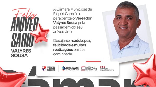 Hoje é dia de celebrar a vida do vereador Valyres Sousa. A Câmara Municipal de Piquet Carneiro deseja um feliz aniversário, com muita saúde, paz, sabedoria e realizações em sua caminhada pessoal e pública. Parabéns, vereador! #CâmaraMunicipalDePiquetCarneiro #PiquetCarneiro #FelizAniversário #ValyresSousa