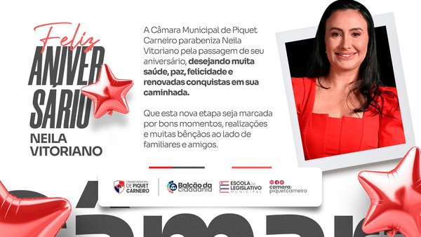 Hoje a Câmara Municipal de Piquet Carneiro parabeniza Neila Vitoriano pela passagem do seu aniversário. Desejamos saúde, paz, felicidade e muitas realizações nesta nova etapa de vida. Que não faltem bons momentos, conquistas e bênçãos ao lado de familiares e amigos. Feliz aniversário! #CâmaraMunicipal #PiquetCarneiro #FelizAniversário #Homenagem #Parabéns